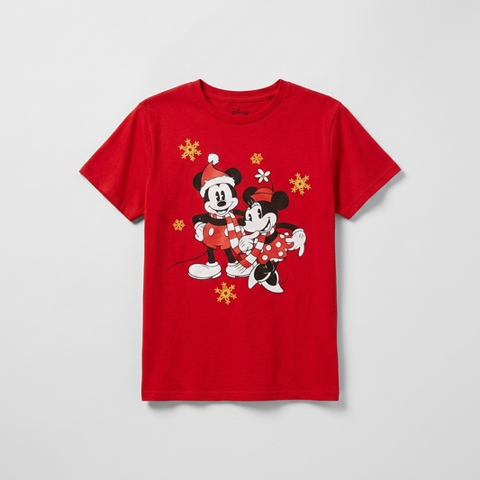 T-shirt officiel Disney Noël Mickey Minnie rouge imprimé festif flocons 100% coton mixte taille M – Mode Seconde