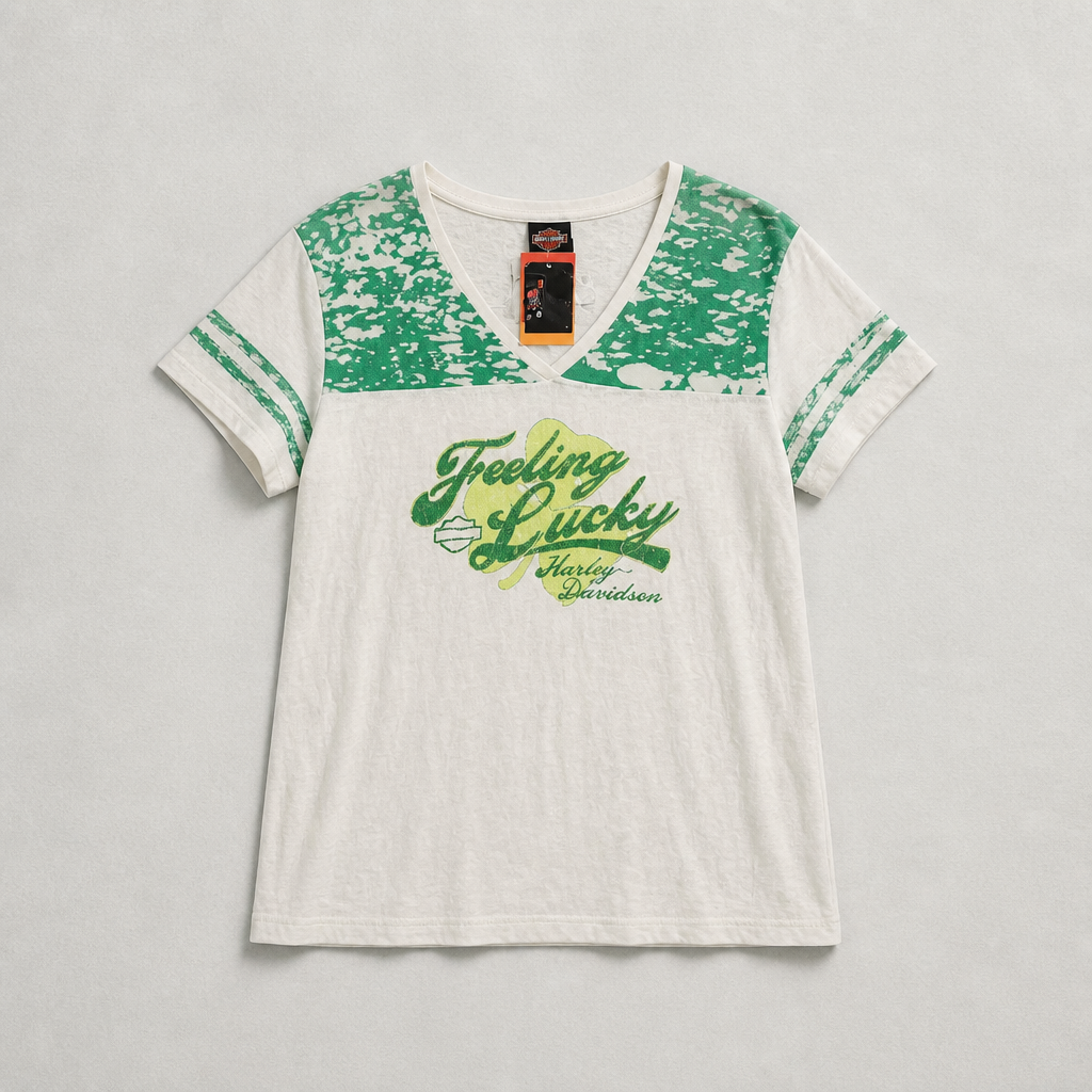 T-shirt officiel Harley-Davidson Feeling Lucky blanc vert empiècements dentelle neuf avec étiquette femme taille 2XL – Mode Seconde