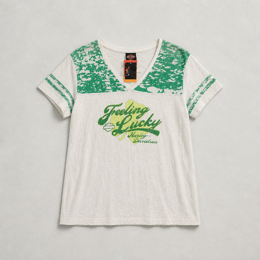 T-shirt officiel Harley-Davidson Feeling Lucky blanc vert empiècements dentelle neuf avec étiquette femme taille 2XL – Mode Seconde