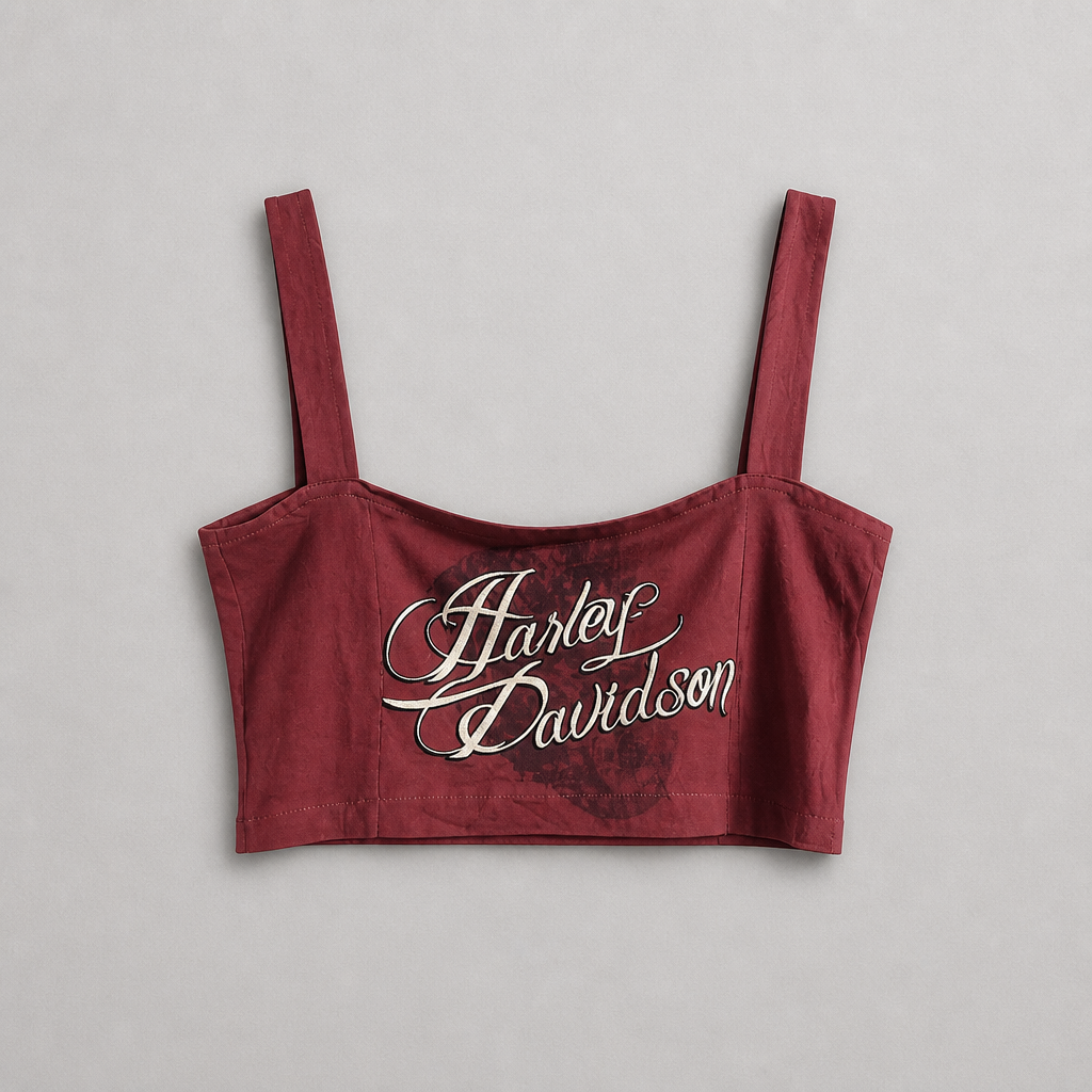 Crop top bustier officiel Harley-Davidson bordeaux 100% coton écriture cursive rétro femme taille S – Mode Seconde