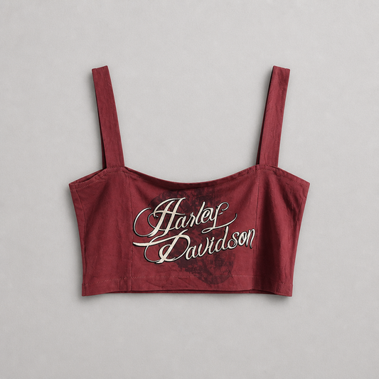 Crop top bustier officiel Harley-Davidson bordeaux 100% coton écriture cursive rétro femme taille S – Mode Seconde