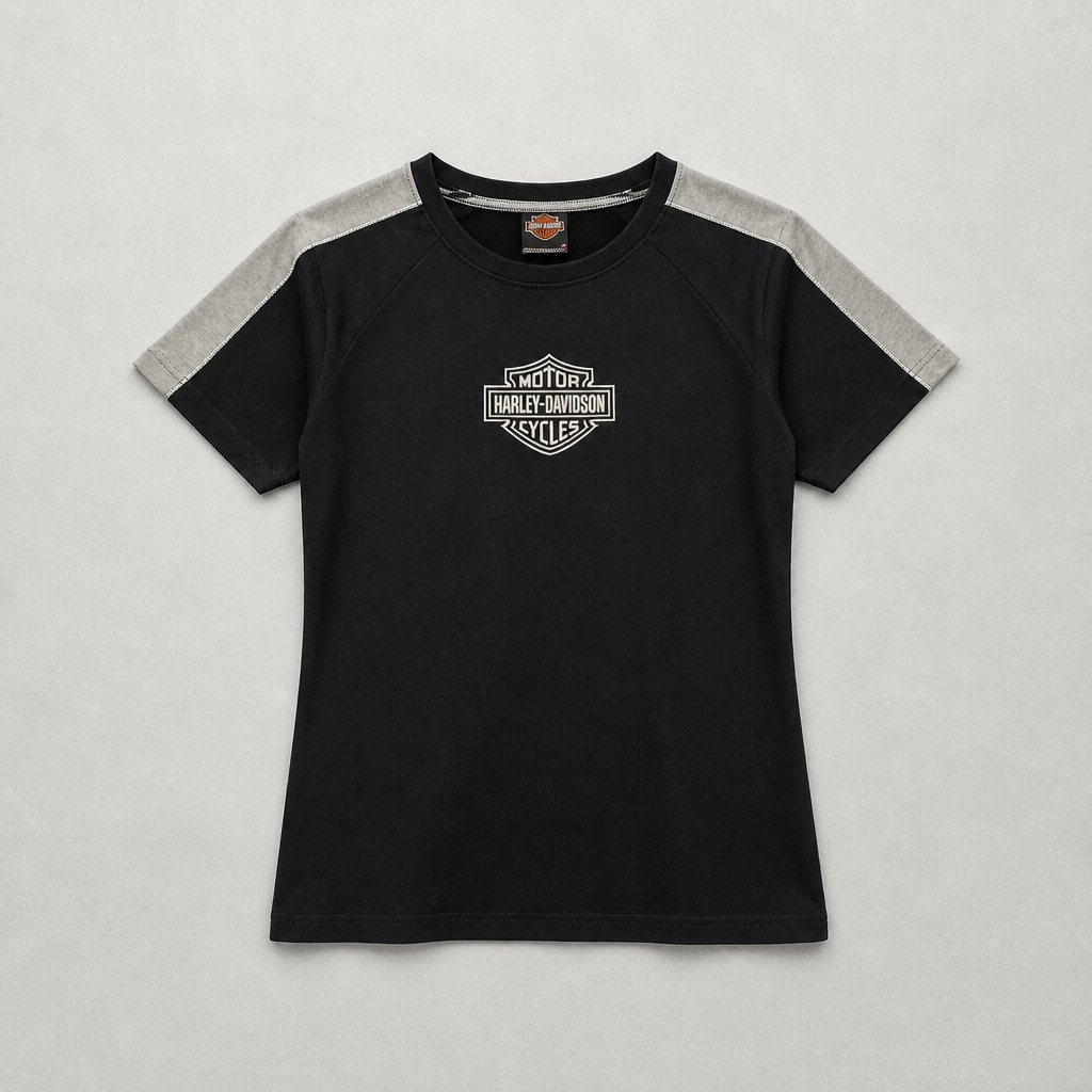 T-shirt officiel Harley-Davidson raglan noir gris chiné logo Bar Shield 100% coton femme taille L – Mode Seconde