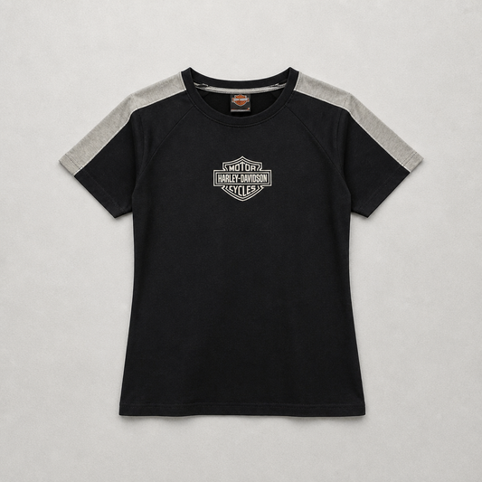 T-shirt officiel Harley-Davidson raglan noir gris chiné logo Bar Shield 100% coton femme taille L – Mode Seconde