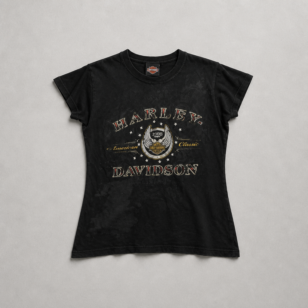 T-shirt collector officiel Harley-Davidson 105ème anniversaire noir manches volantées graphisme métallisé femme taille L – Mode Seconde