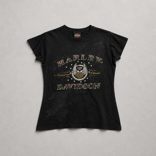 T-shirt collector officiel Harley-Davidson 105ème anniversaire noir manches volantées graphisme métallisé femme taille L – Mode Seconde