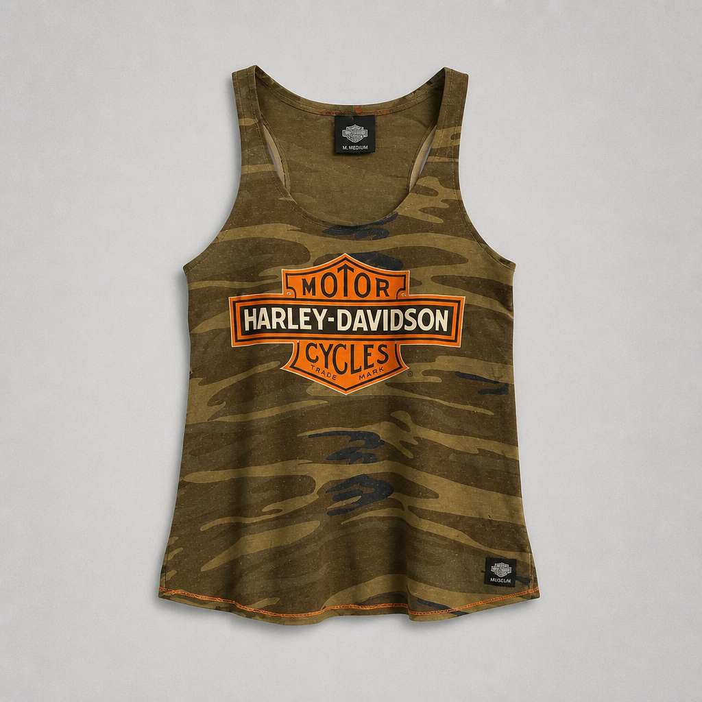 Débardeur officiel Harley-Davidson Museum camouflage kaki vert militaire orange dos nageur femme taille S – Mode Seconde