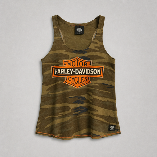 Débardeur officiel Harley-Davidson Museum camouflage kaki vert militaire orange dos nageur femme taille S – Mode Seconde
