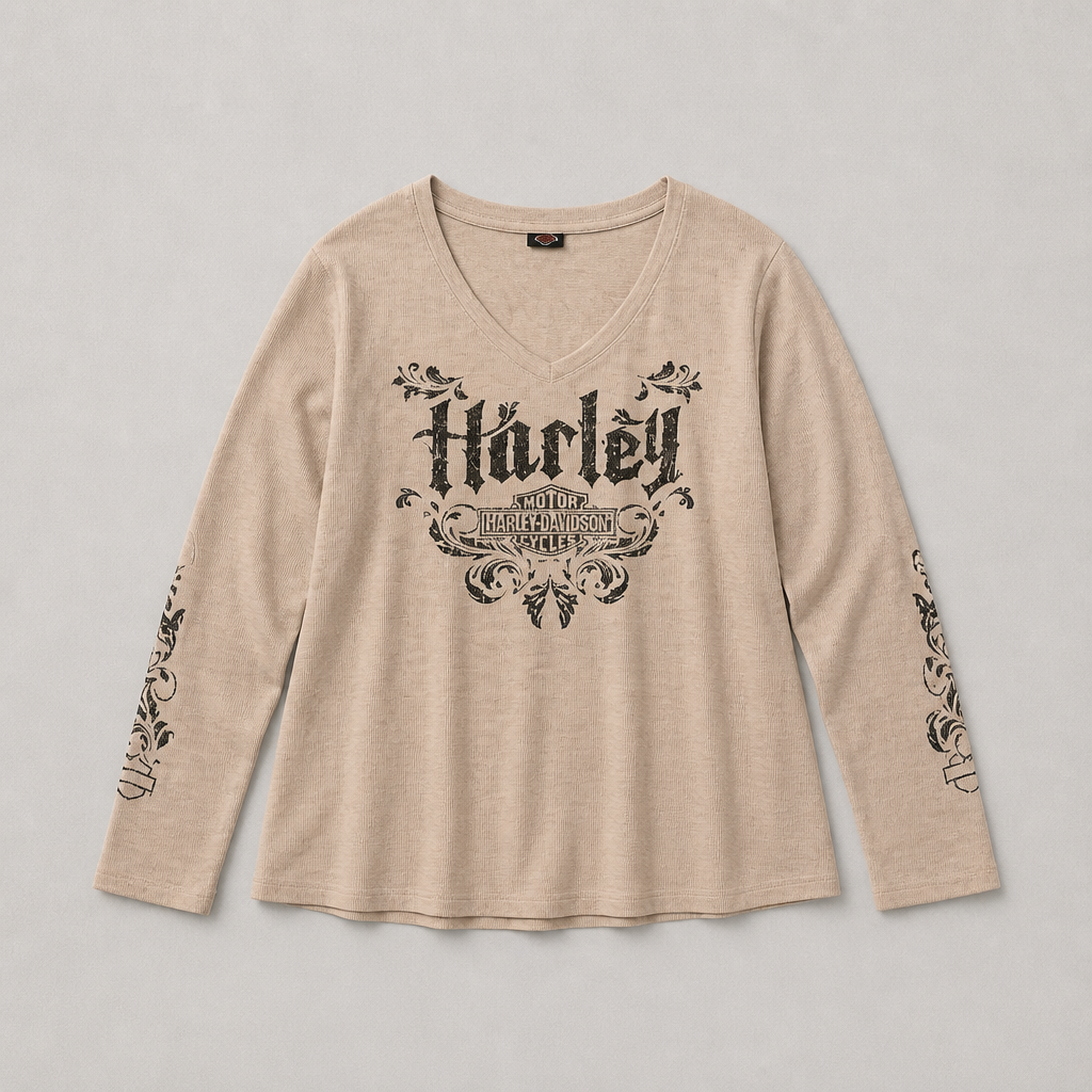 Haut officiel Harley-Davidson maille gaufrette beige écru manches longues col V oversize viscose élasthanne femme taille L – Mode Seconde