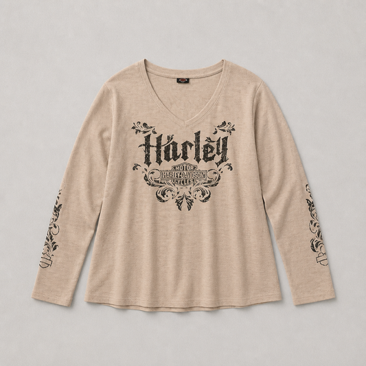 Haut officiel Harley-Davidson maille gaufrette beige écru manches longues col V oversize viscose élasthanne femme taille L – Mode Seconde