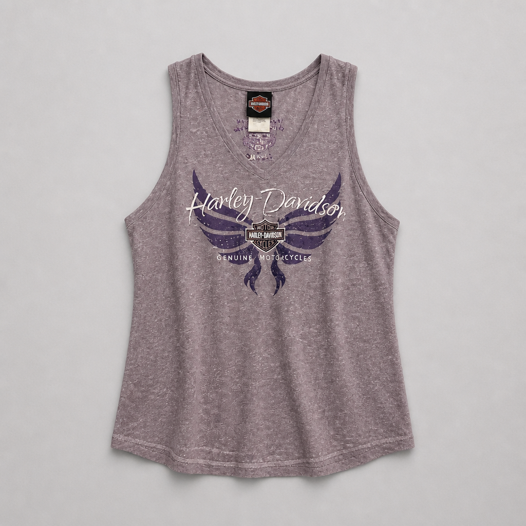 Débardeur officiel Harley-Davidson Genuine Motorcycles violet chiné col V strass ailes femme taille L – Mode Seconde