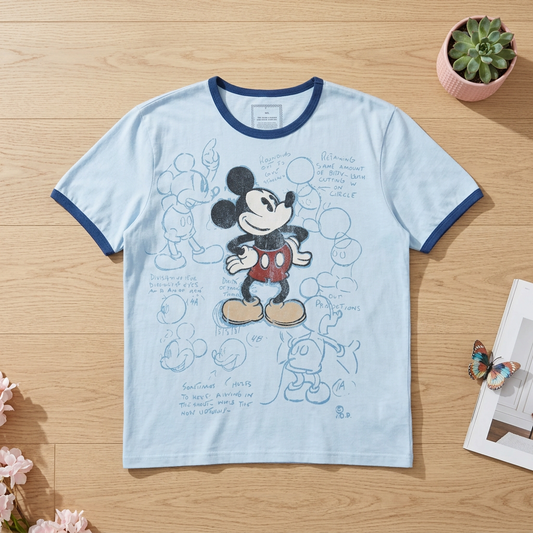 T-shirt Disney Ringer Bleu Ciel Mickey Mouse Croquis – Taille XXL | Seconde Main