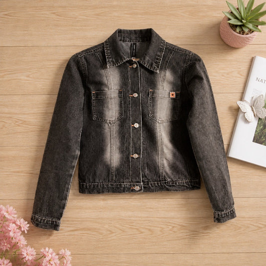 Veste en Jean Courte Cintrée Crissa Jeans Gris Délavé Vertical Contrasté Coton Élasthanne Boutons Étoilés Surpiqûres Oranges Style Y2K Cropped – Taille S