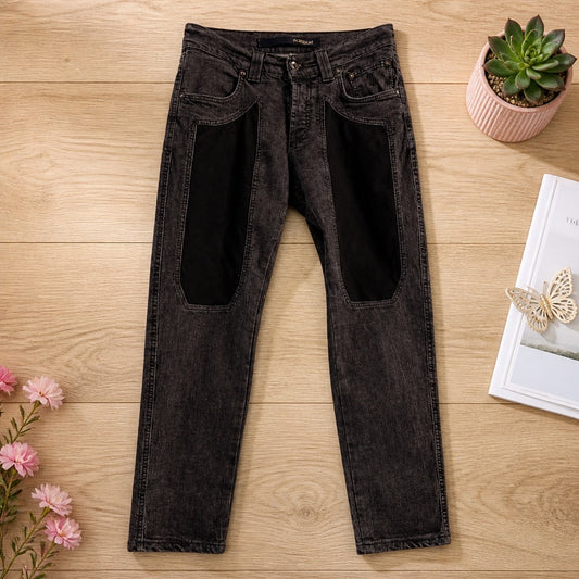 Jean Jeckerson noir délavé gris anthracite empiècements effet suède alcantara cuisses patch cuir dos denim stretch 98% coton 2% élasthanne slim straight Made in Italy W29 – Homme | Mode Seconde