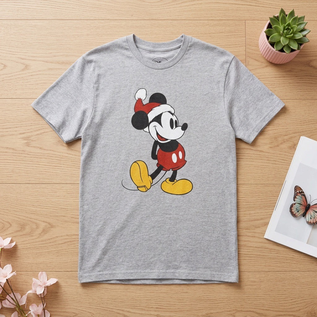 T-shirt Disney Mickey Mouse Noël Bonnet Père Noël Gris Chiné – Mixte – Taille L