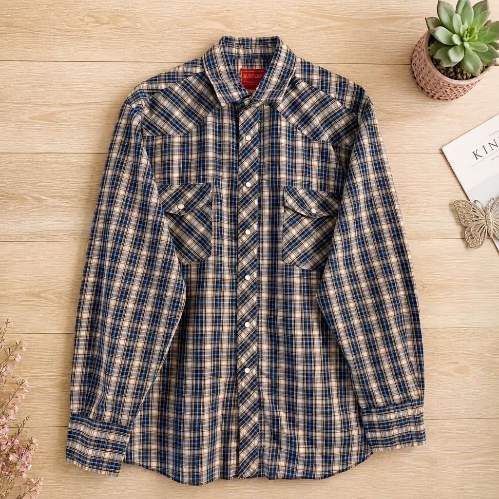 Chemise Rustler X-Long Tails Carreaux Bleu Noir Blanc Gris 100% Coton – Taille L | Seconde Main