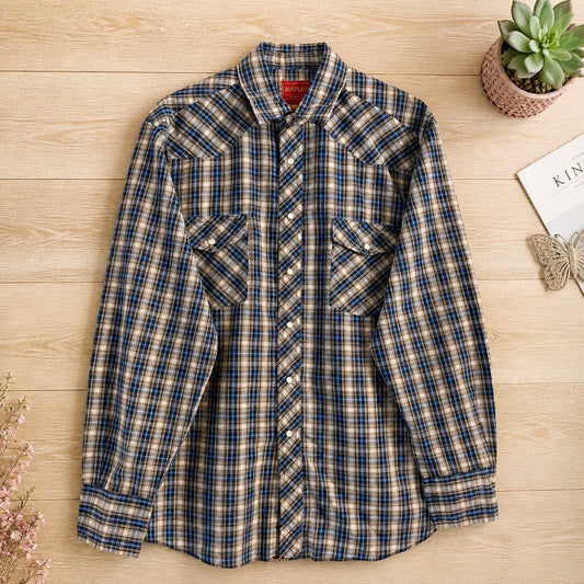 Chemise Rustler X-Long Tails Carreaux Bleu Noir Blanc Gris 100% Coton – Taille L | Seconde Main