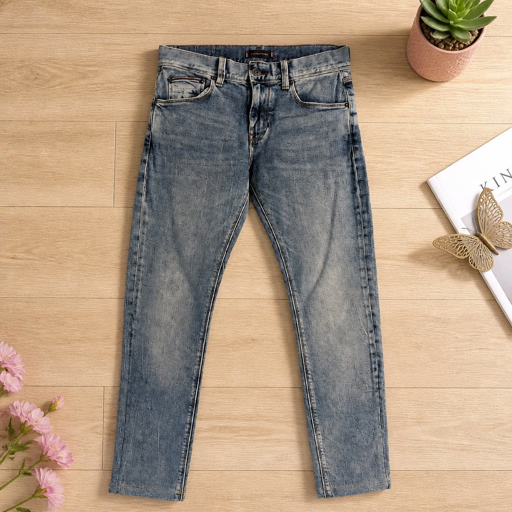 Jean Tommy Hilfiger Bleecker Slim Fit Stretch bleu coton polyester élasthanne W30 entrejambe 77 cm bas de jambe 16 cm raccourci – Homme | Mode Seconde