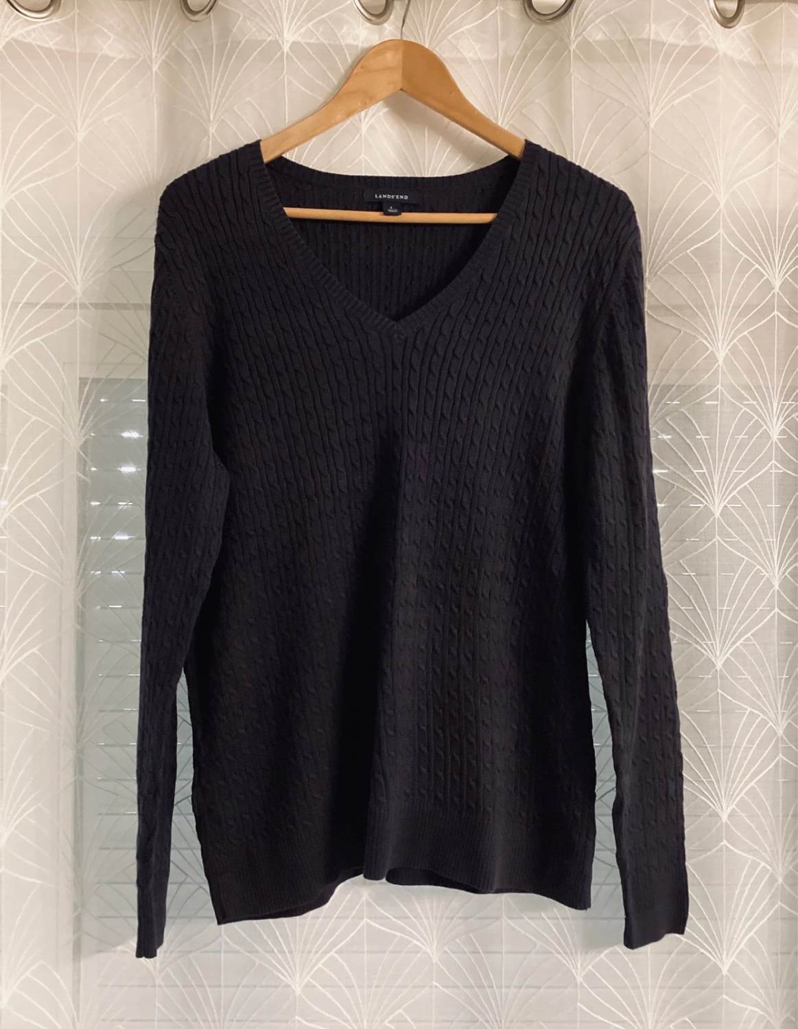 🖤 Sweat Land’s End Femme Col V - Câblé - Noir - Supima Cotton - Taille L