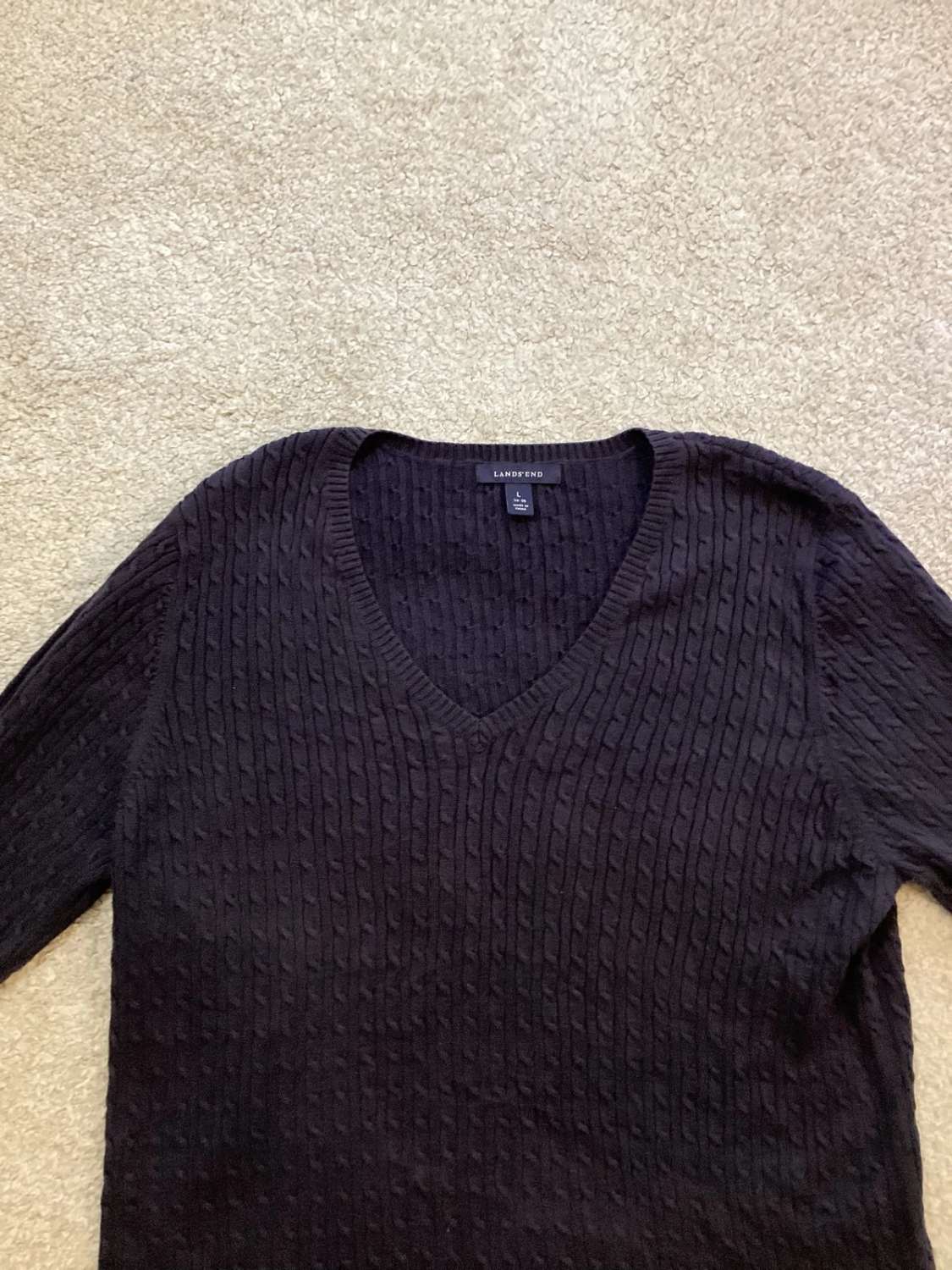 🖤 Sweat Land’s End Femme Col V - Câblé - Noir - Supima Cotton - Taille L