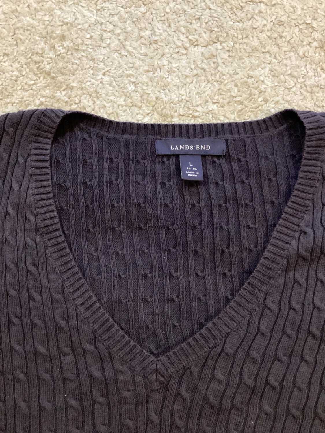 🖤 Sweat Land’s End Femme Col V - Câblé - Noir - Supima Cotton - Taille L