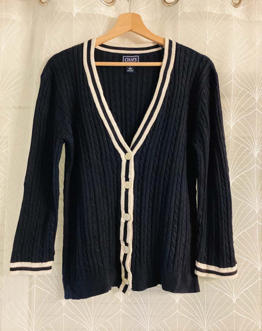 Cardigan Chaps Femme Câblé - Marine & Blanc - Col V - Taille L