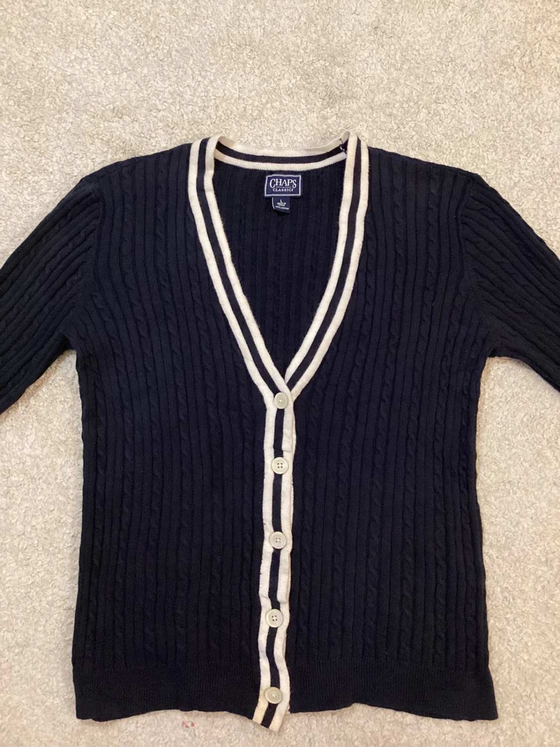 Cardigan Chaps Femme Câblé - Marine & Blanc - Col V - Taille L