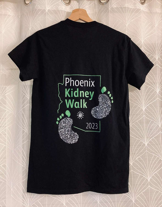 T-shirt noir Phoenix Kidney Walk 2023, design pieds verts et motifs, vêtement seconde main