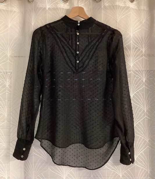 Blouse noire à pois transparente avec boutons, style élégant seconde main