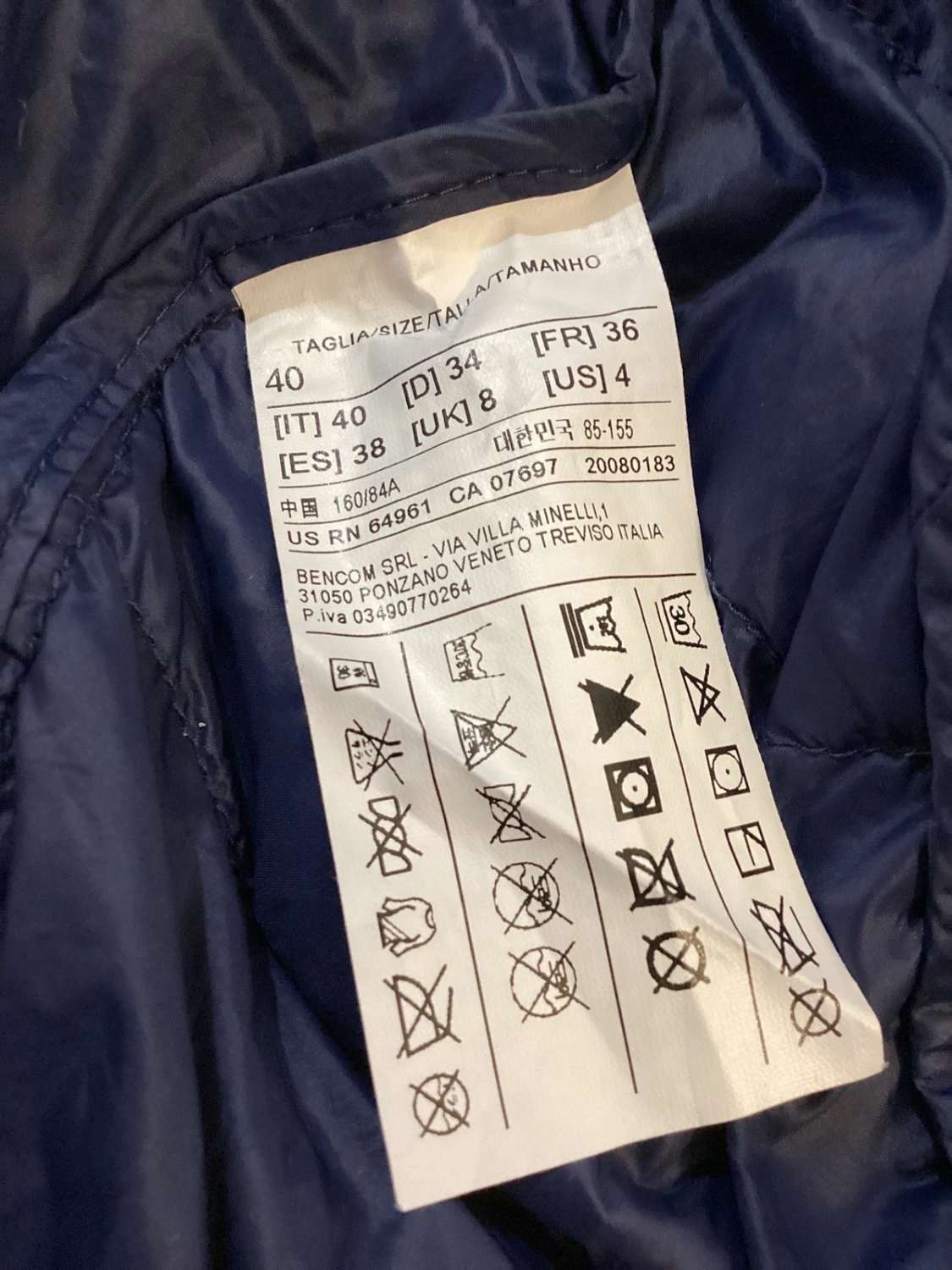🧥 Veste Benetton Soft Light Down - Marine - Taille S