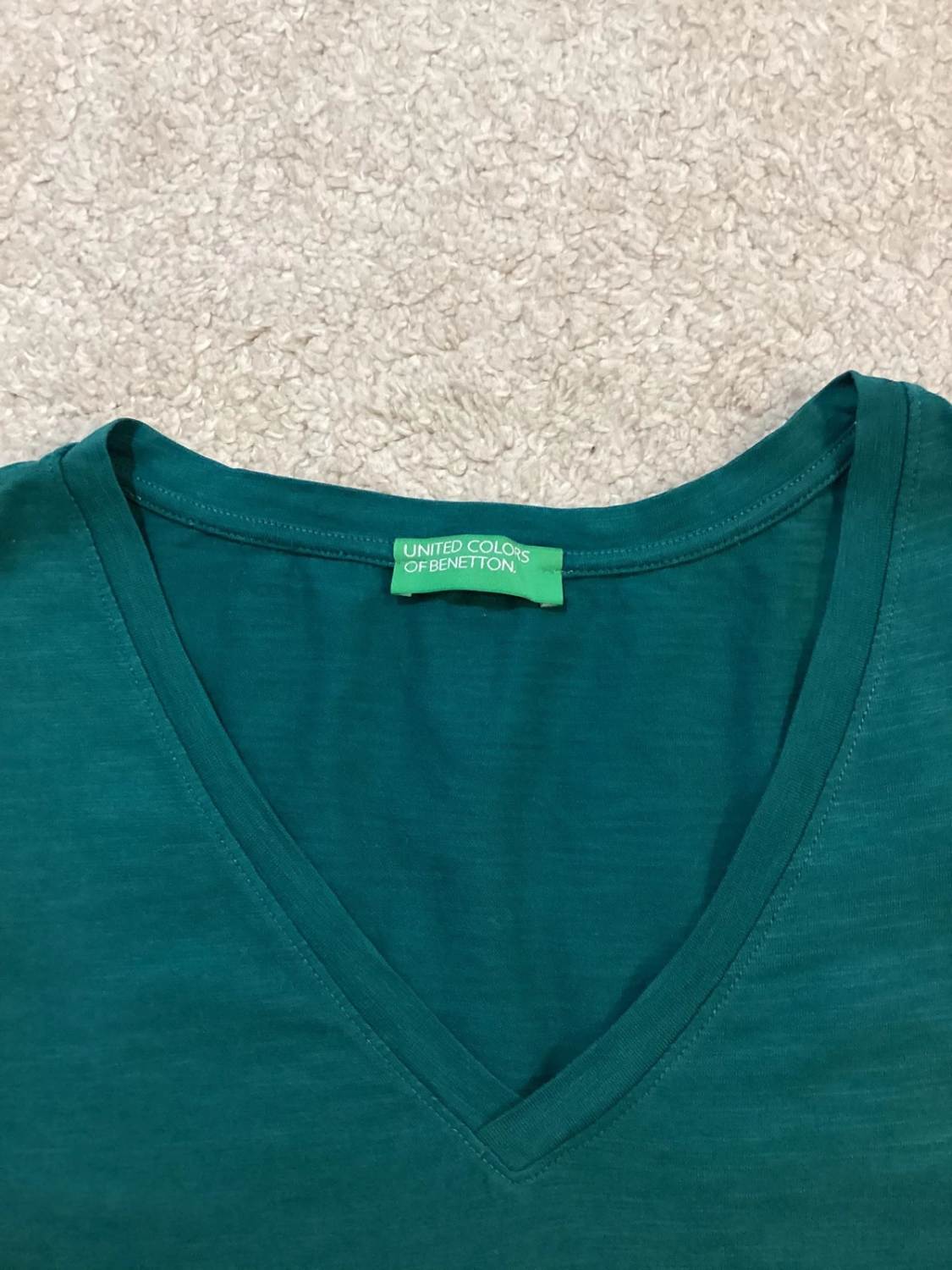 T-shirt Benetton Col V - Vert Foncé - Taille S - Coton