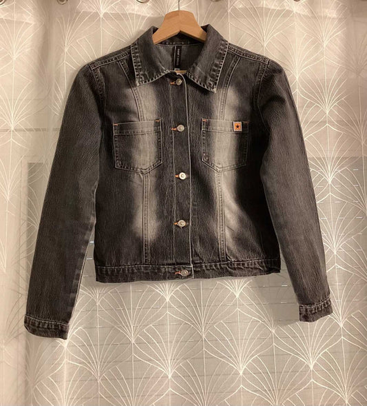 Veste en Jean Courte Cintrée Crissa Jeans Gris Délavé Vertical Contrasté Coton Élasthanne Boutons Étoilés Surpiqûres Oranges Style Y2K Cropped – Taille S