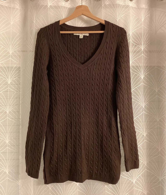 Pull Torsá Col V Tommy Hilfiger Marron Chocolat Maille Cable Knit – Femme – Taille M