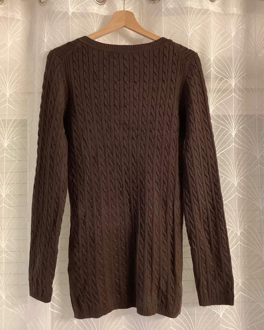 Pull Torsá Col V Tommy Hilfiger Marron Chocolat Maille Cable Knit – Femme – Taille M