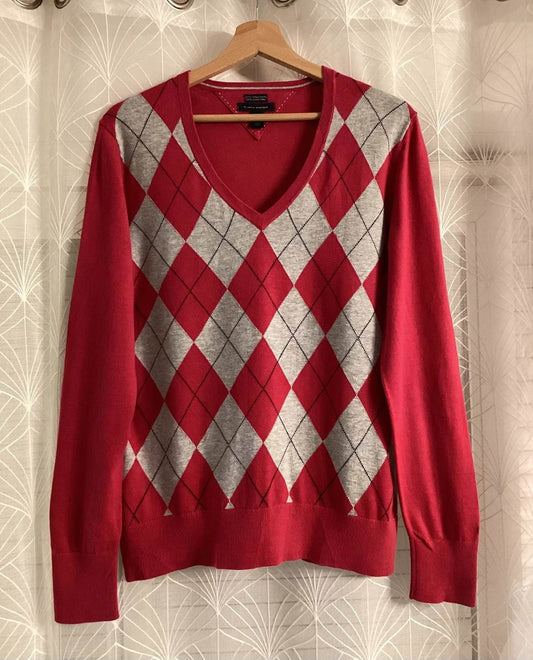 Pull Col V Tommy Hilfiger Losanges Argyle Rouge/Gris Coton Pima – Femme – Taille L