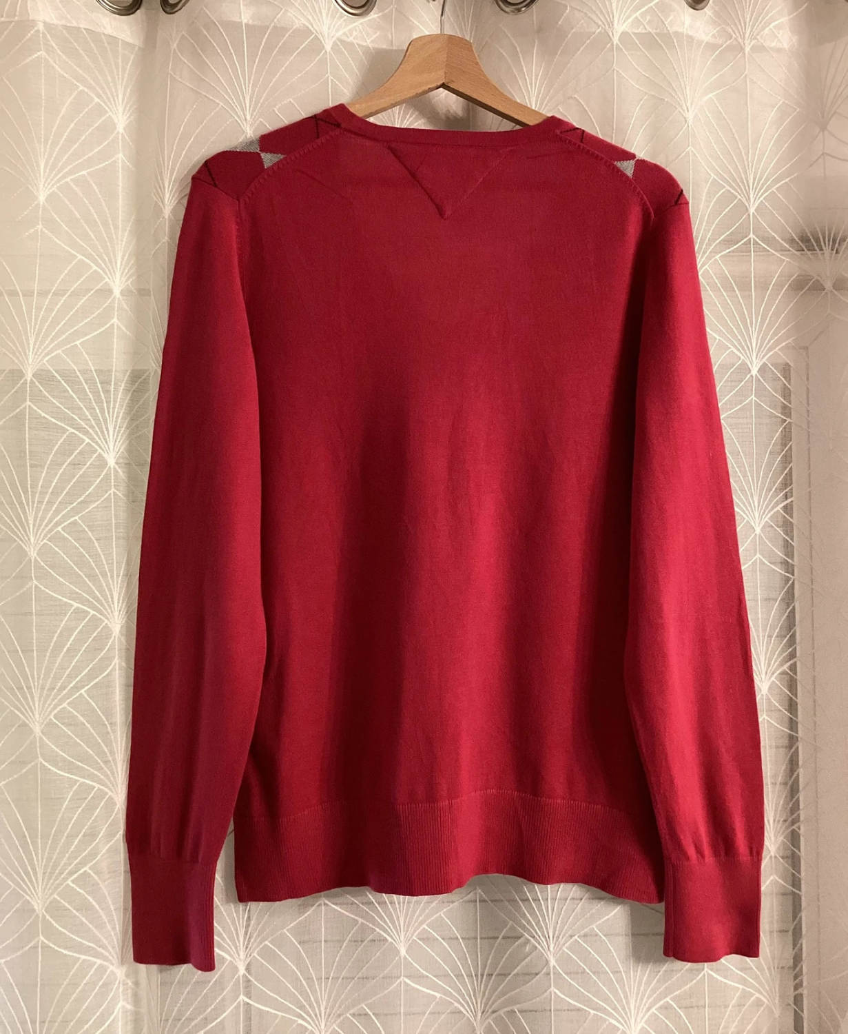 Pull Col V Tommy Hilfiger Losanges Argyle Rouge/Gris Coton Pima – Femme – Taille L
