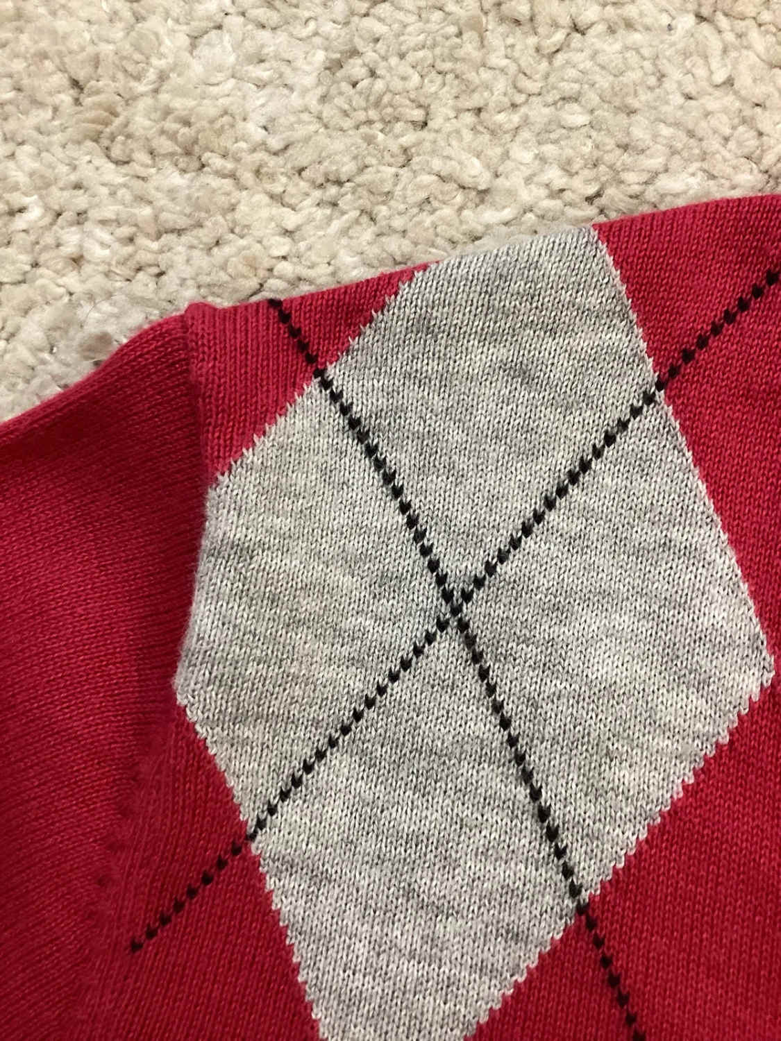 Pull Col V Tommy Hilfiger Losanges Argyle Rouge/Gris Coton Pima – Femme – Taille L