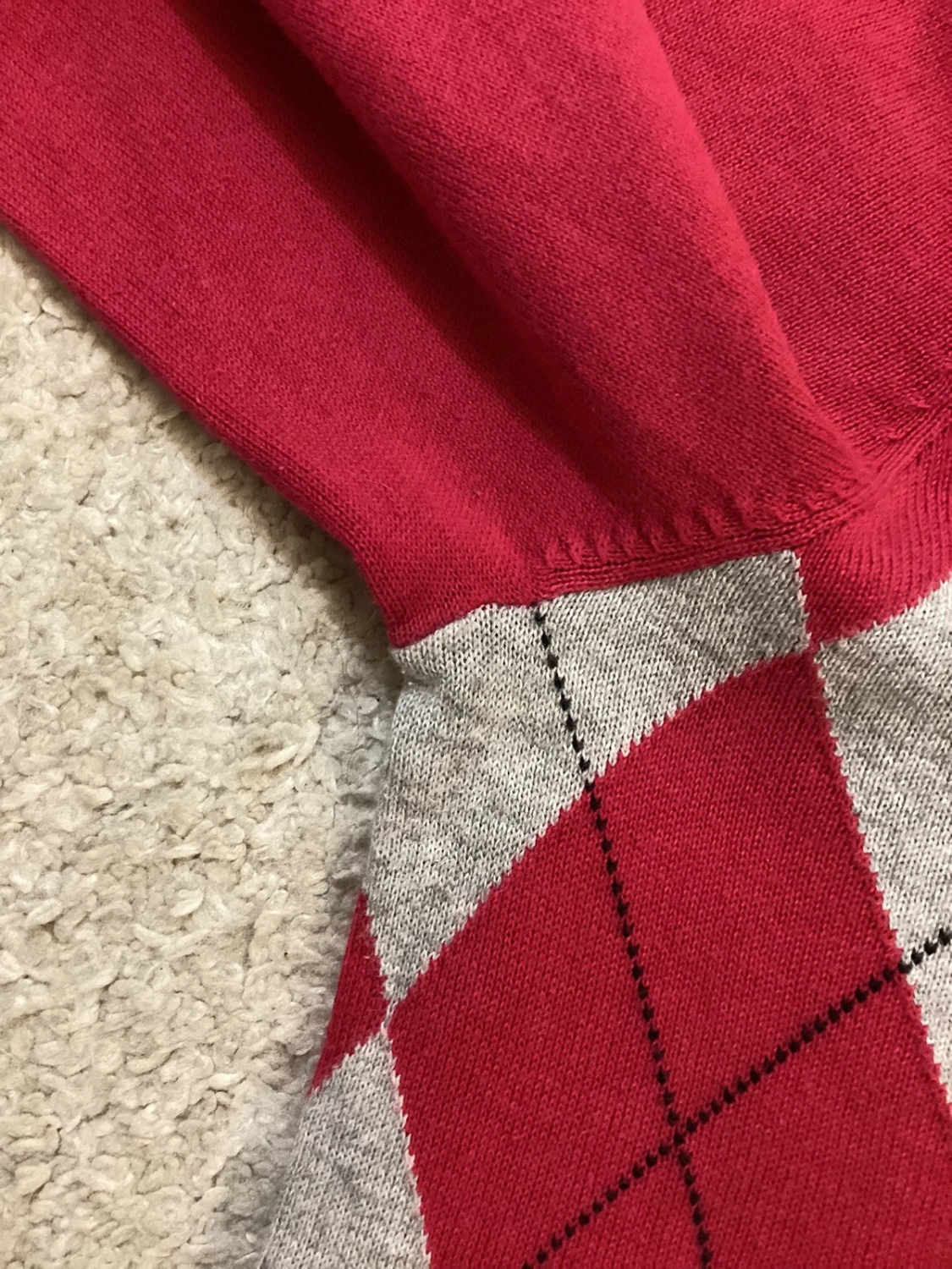 Pull Col V Tommy Hilfiger Losanges Argyle Rouge/Gris Coton Pima – Femme – Taille L