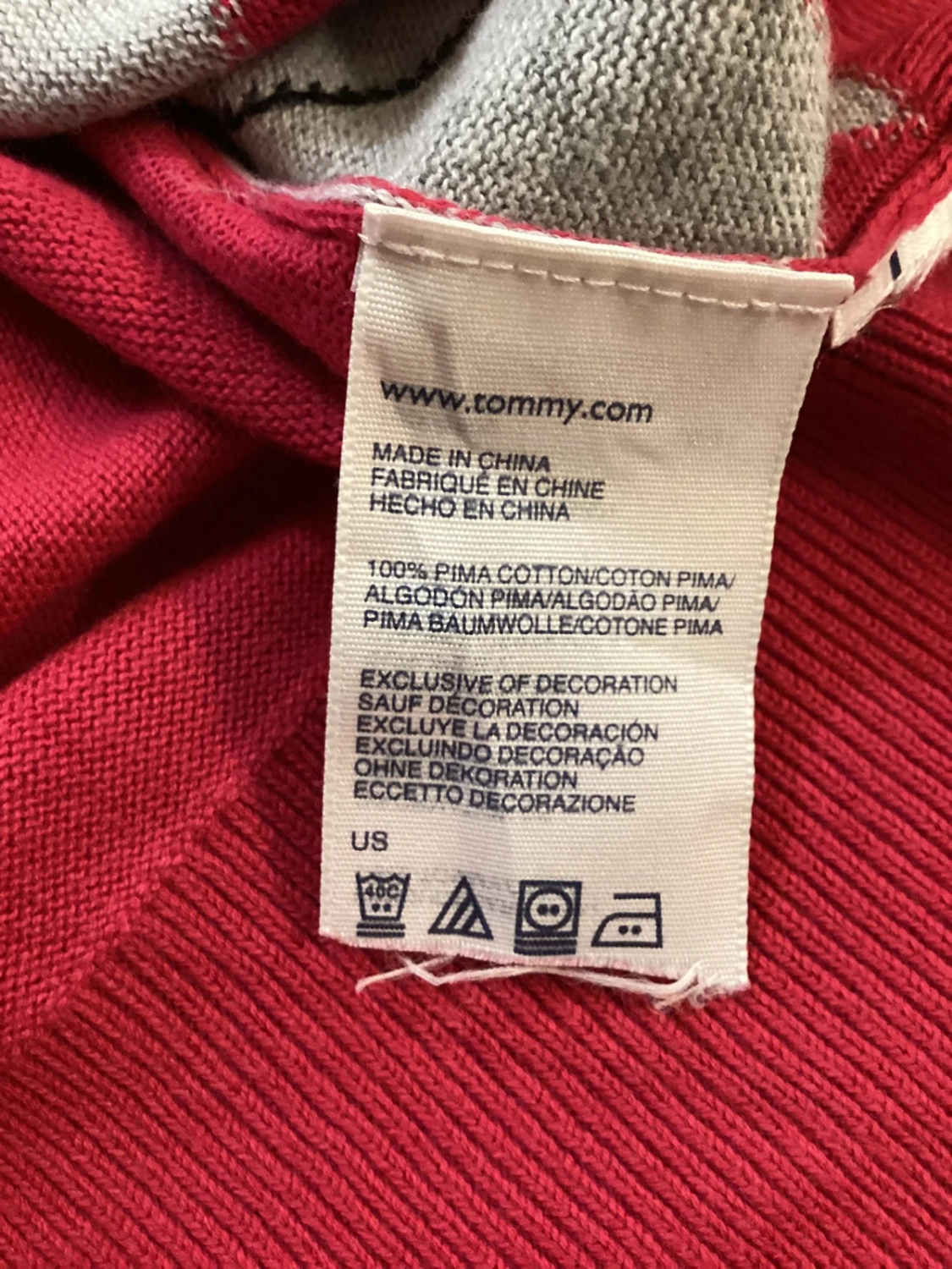 Pull Col V Tommy Hilfiger Losanges Argyle Rouge/Gris Coton Pima – Femme – Taille L