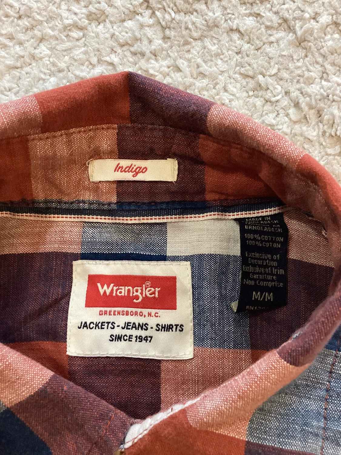 🌈 Chemise Wrangler Indigo - Carreaux Multicolores - Taille M