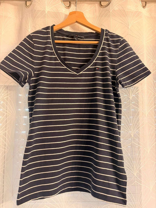 T-shirt Tommy Hilfiger Femme Col V - Rayures Marine & Blanc - Taille L/G