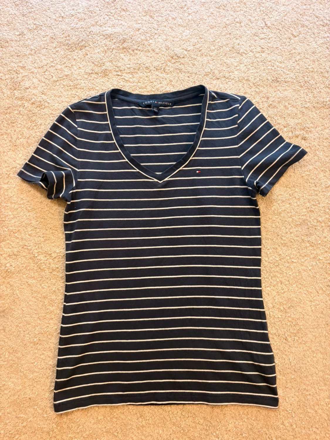T-shirt Tommy Hilfiger Femme Col V - Rayures Marine & Blanc - Taille L/G