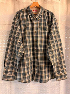 🔵 Chemise Wrangler Premium Quality Wrinkle Resist - Carreaux Marine/Kaki/Blanc - Taille 2XL