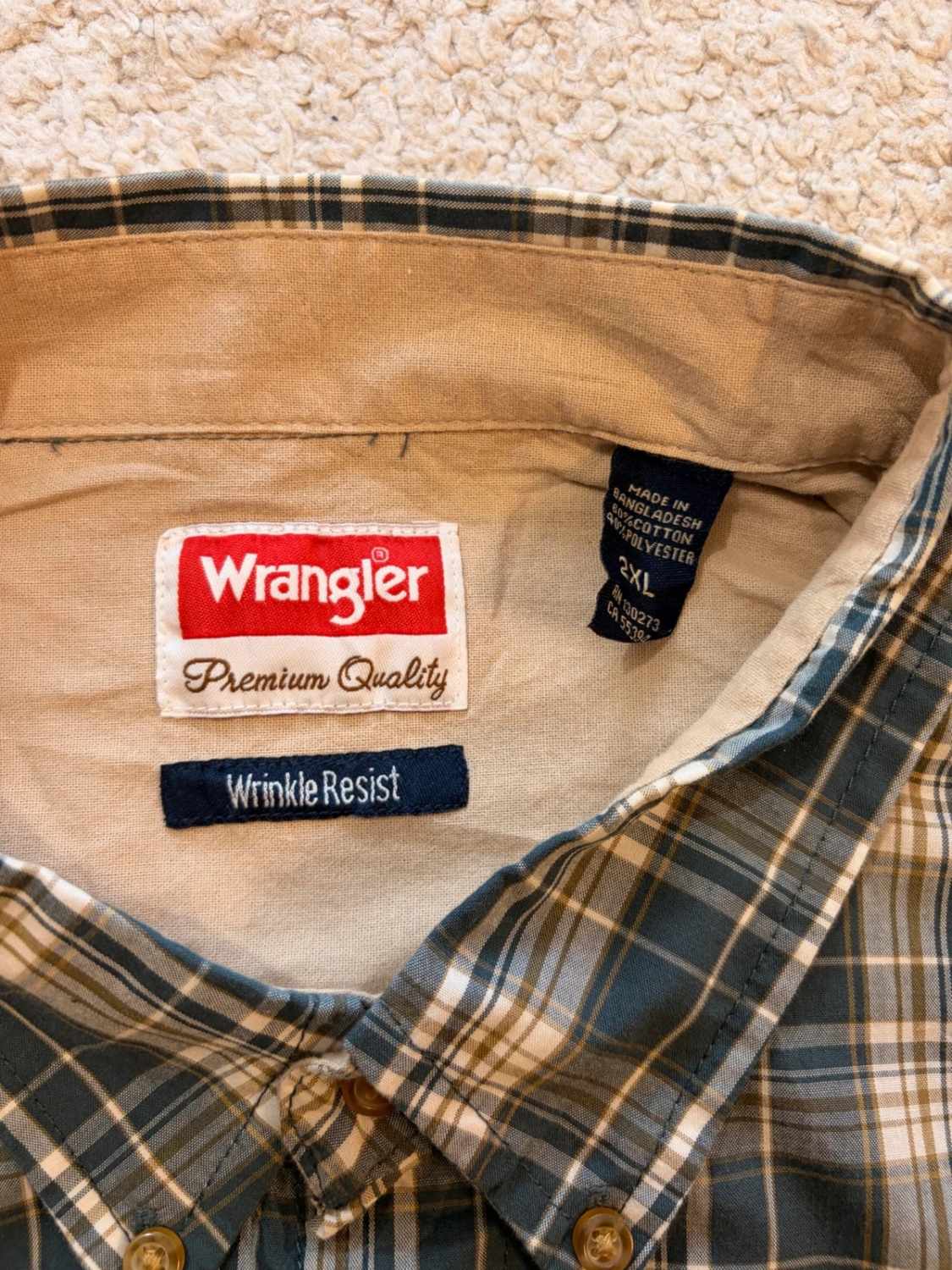🔵 Chemise Wrangler Premium Quality Wrinkle Resist - Carreaux Marine/Kaki/Blanc - Taille 2XL