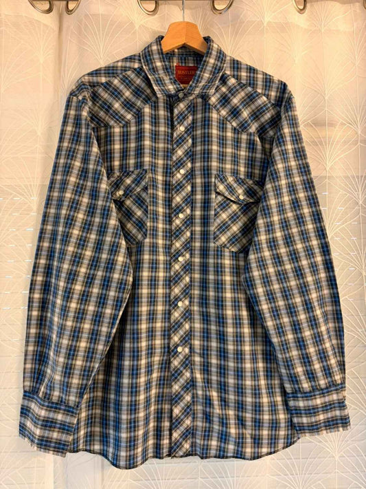 Chemise Rustler X-Long Tails Carreaux Bleu Noir Blanc Gris 100% Coton – Taille L | Seconde Main