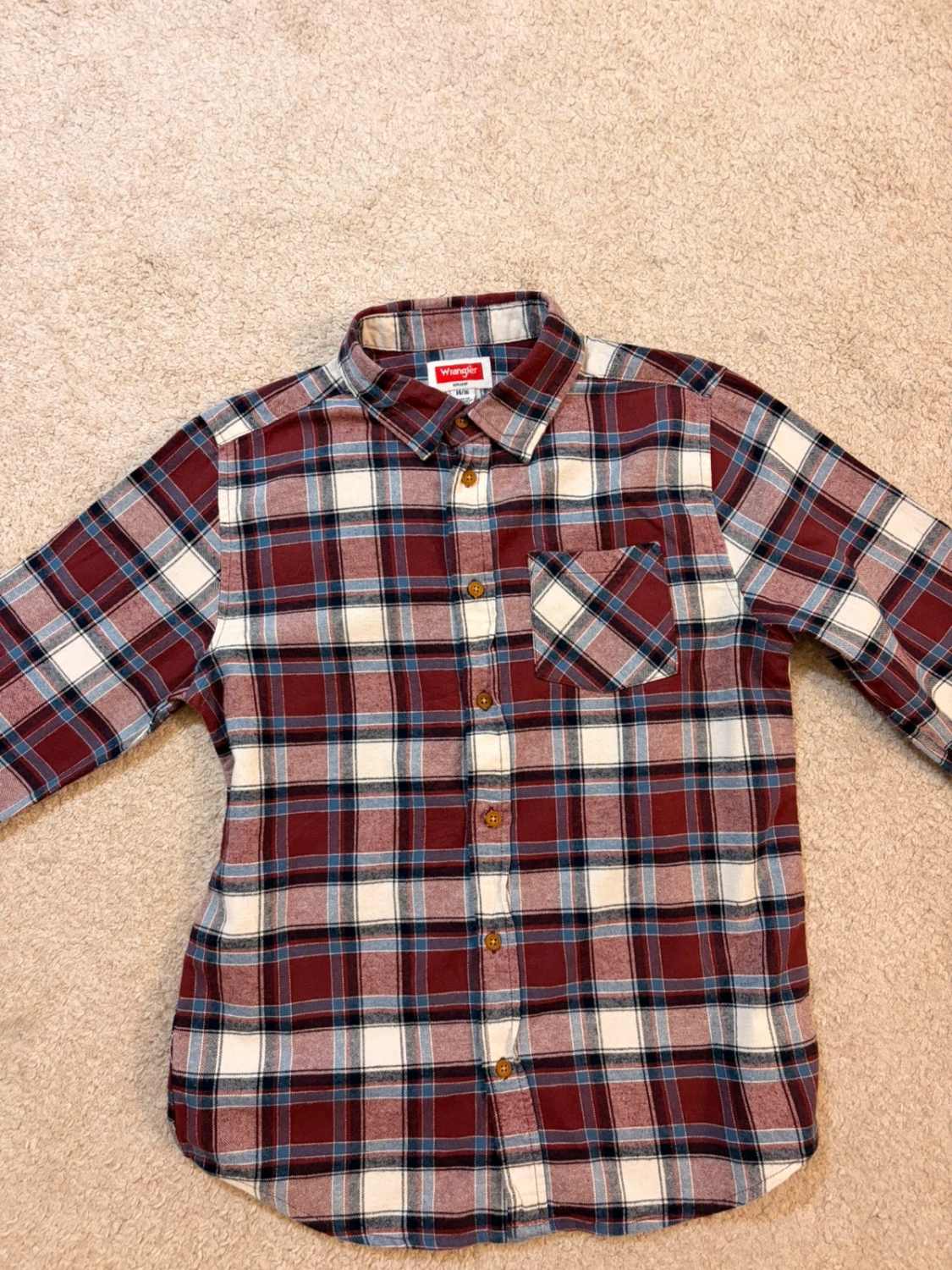 👦 Camicia Wrangler Flanella - Quadri Bordeaux/Blu Marino/Bianco/Blu - Taglia 14A-16A