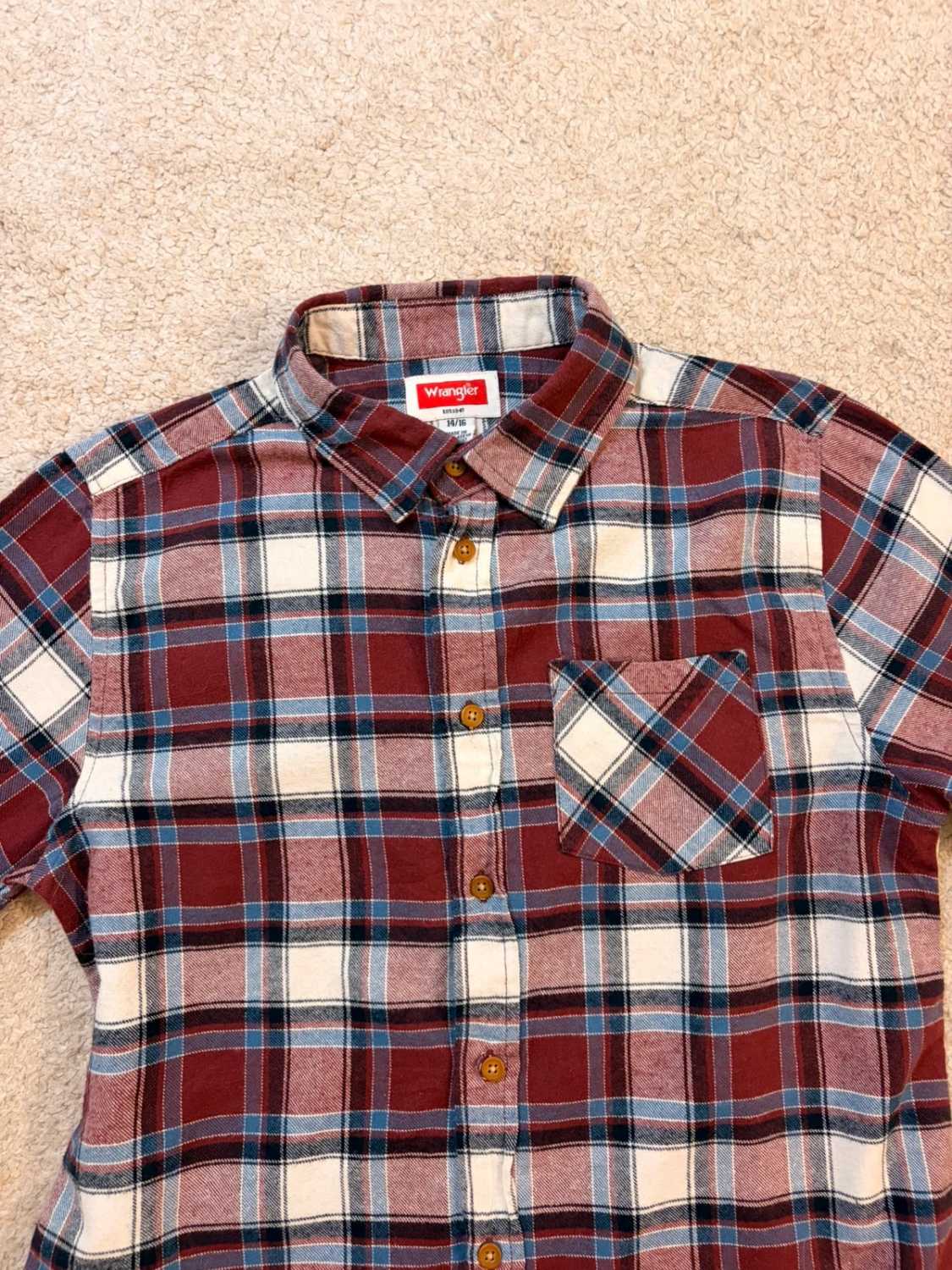 👦 Camicia Wrangler Flanella - Quadri Bordeaux/Blu Marino/Bianco/Blu - Taglia 14A-16A