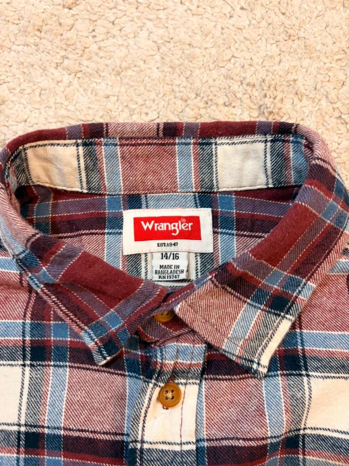 👦 Camicia Wrangler Flanella - Quadri Bordeaux/Blu Marino/Bianco/Blu - Taglia 14A-16A