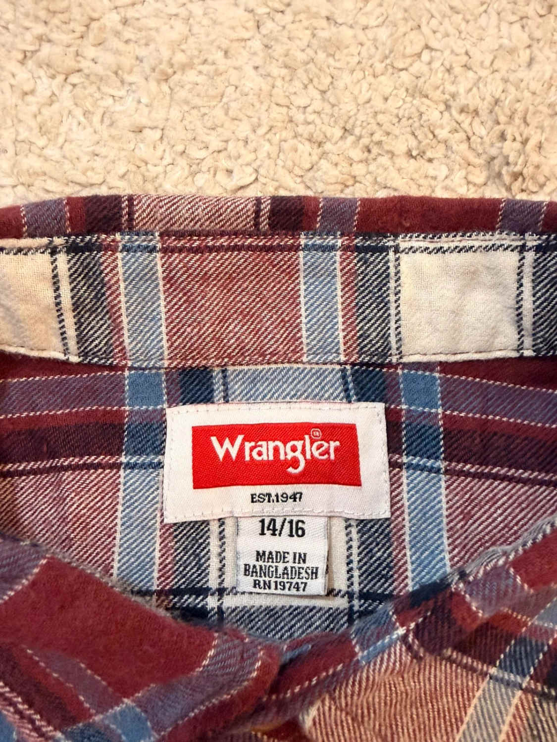 👦 Camicia Wrangler Flanella - Quadri Bordeaux/Blu Marino/Bianco/Blu - Taglia 14A-16A