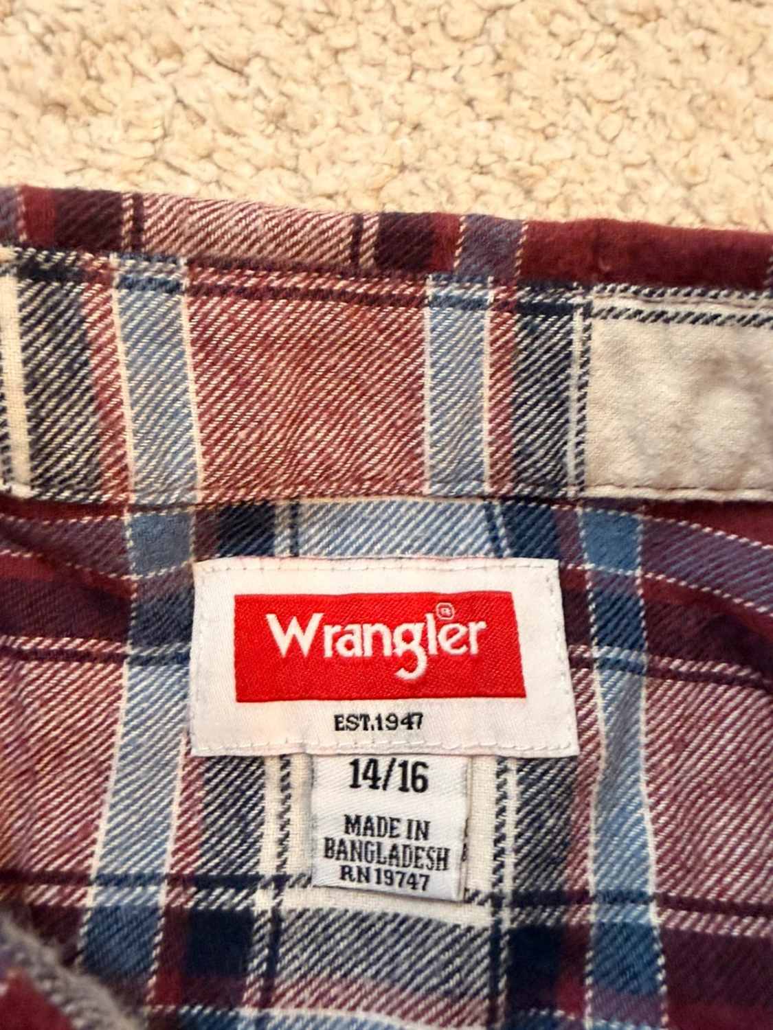 👦 Camicia Wrangler Flanella - Quadri Bordeaux/Blu Marino/Bianco/Blu - Taglia 14A-16A