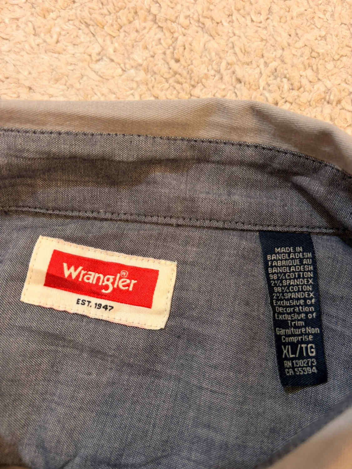 Chemise Wrangler Homme - Gris - Manches Courtes - Taille XL/TG